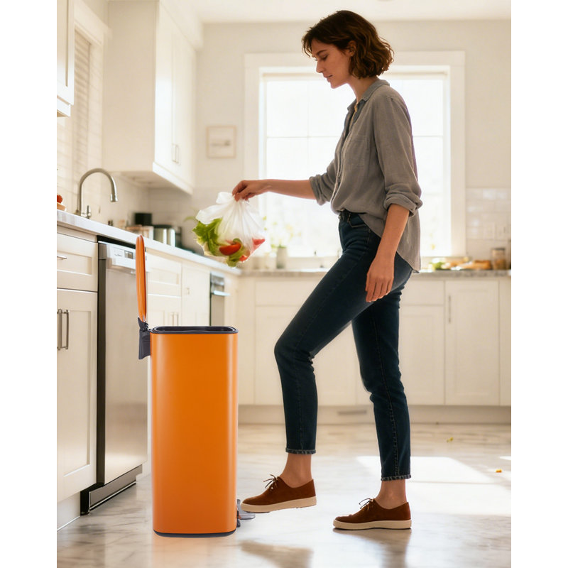 Soft-Close Foot Pedal | 8 Gallon Stainless Steel Indoor Trash Can - Removable Inner Bucket - Fingerprint Resistant - Space-Saving Square Waste Bin for Kitchen, Bathroom, Home, Office - Orange