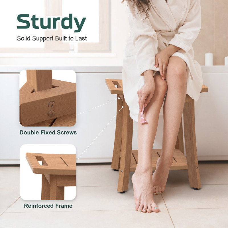  Tabouret de douche imperméable en bois de polyéthylène avec tablette de rangement, brun, petit, limite de 350 lb, Medium