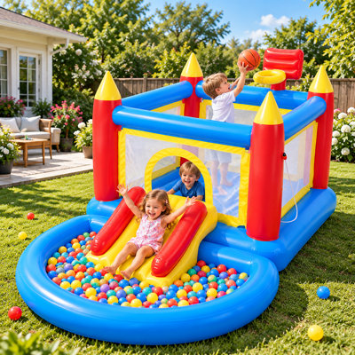 3-in-1 Inflatable Bounce House with Slide, Detachable Ball Pit, Water Play Feature and Electric Pump