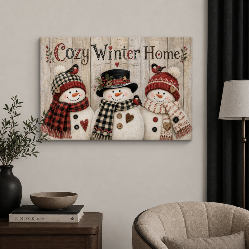 Cozy Winter, bonhomme de neige, œuvre d'art familiale, H 16 po x l 24 po x P 1,5 po, Toile tendue