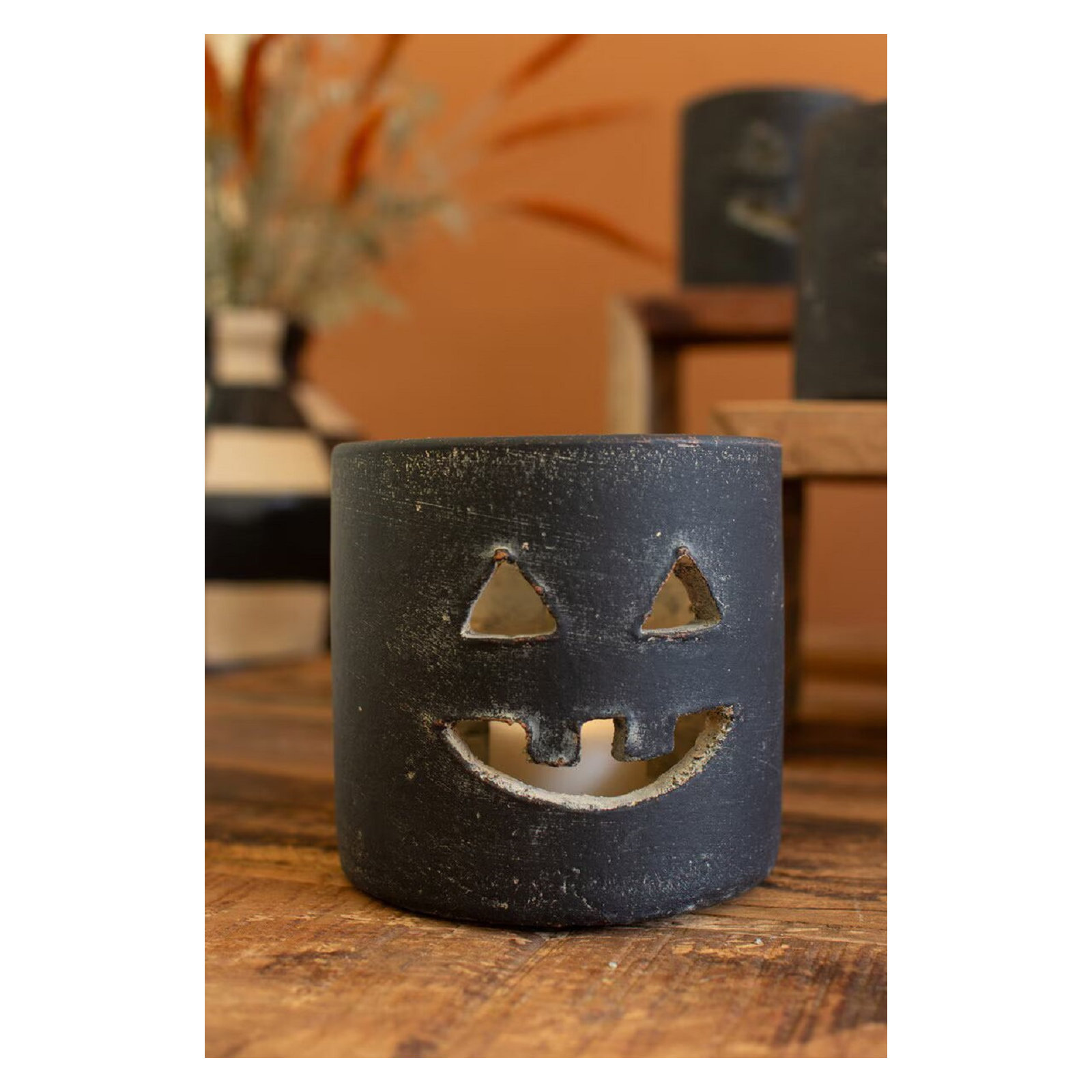SHORT BLACK CLAY JACK-O-LANTERN, 4" H x 4" W x 4" D