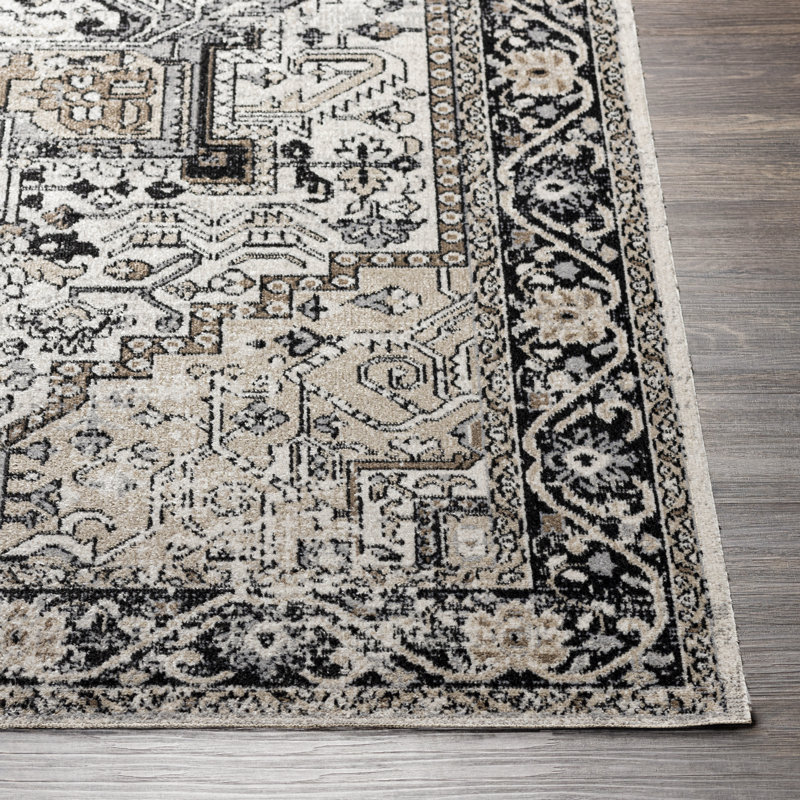 Tapis oriental noir / taupe lavable à la machine Haughton, Rond 6 pi 7 po
