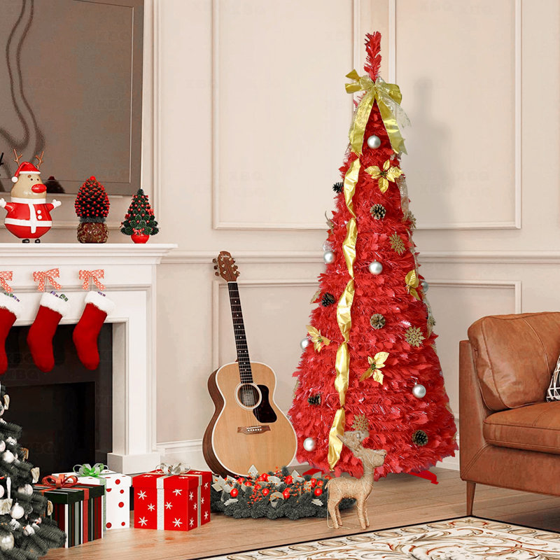 Arbre de Noël rouge 6 lumières avec 150 lumières DEL blanc chaud et ornements inclus (4 rubans, arc, fleurs, flocons de neige, pommes de pin et boules)