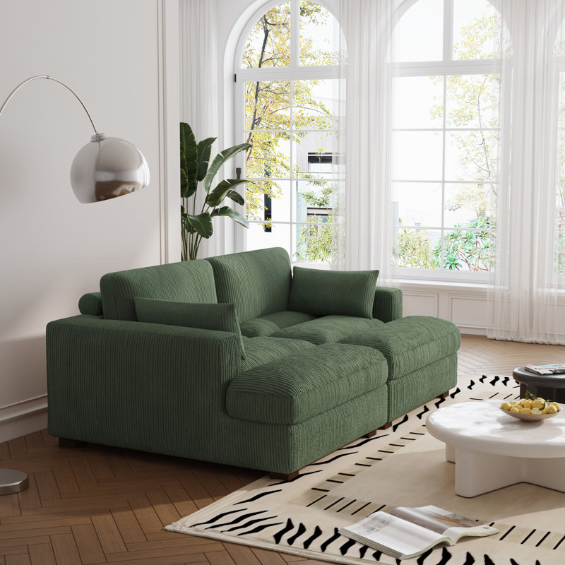 Canapé-lit modulaire avec accoudoirs et coussins décoratifs en velours côtelé vert Bentura, Velours côtelé vert Performance