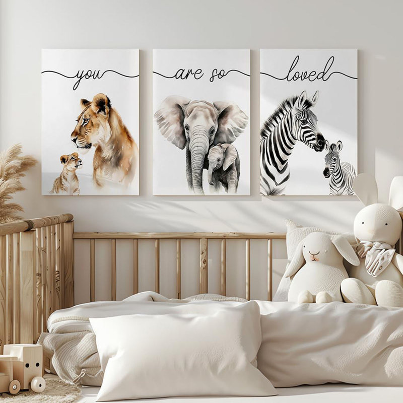 Ensemble de 3 impressions sur toile Safari, chambre de bébé éléphant zèbre, avec maman et bébé