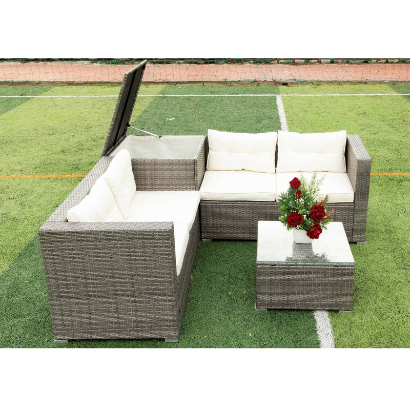 Ensemble de conversation modulaire en osier avec coussins 4 pièces Bernadea, Crème