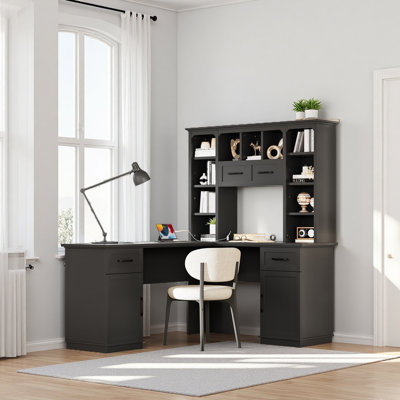 Bureau d'ordinateur en L avec 2 armoires et 2 tiroirs, 11 tablettes ouvertes, avec prise de courant