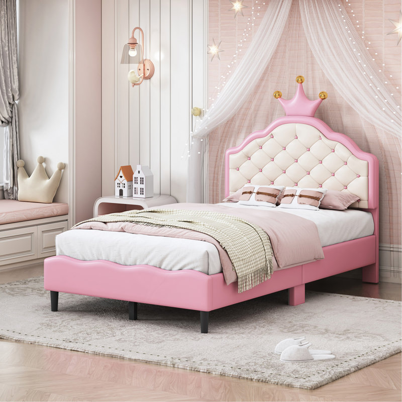 PU Leather Princess Bed with Tufted Headboard, Twin