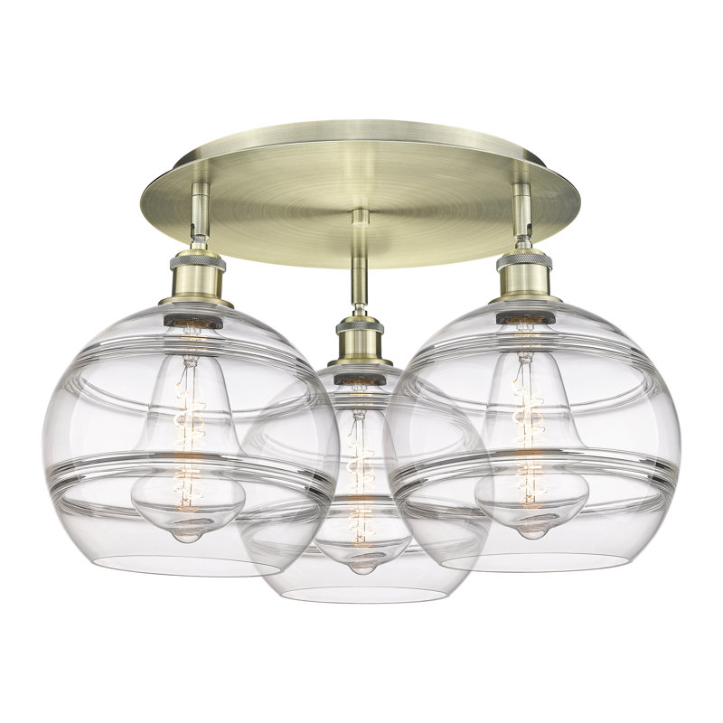 Plafonnier semi-encastré Glassoff, H 12,63 po x l 21,75 po x P 21,75 po, Laiton antique, Transparent