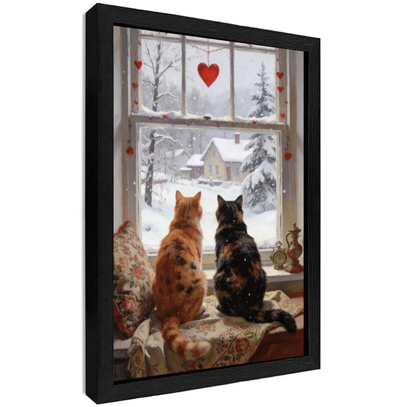 Reproduction d'art encadrée noire de chats rétro se blottissant ensemble, H 17 po x l 13 po