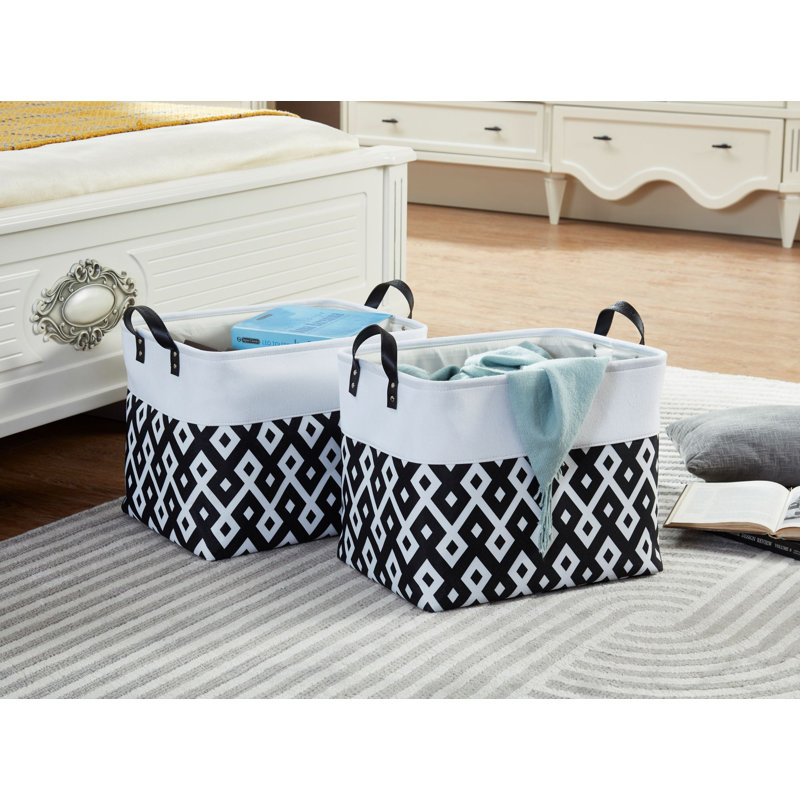 Foldable Storage Bin | Collapsible Sturdy Fabric Storage Basket Container W/Handles, White/Black