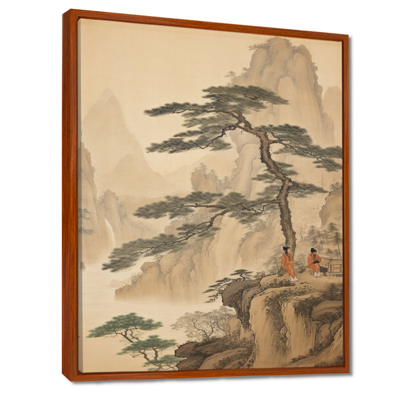 Arbre chinois rétro, paysage, montagnes, art mural, Toile avec cadre flottant brun, H 40 po x l 30 po x P 1,5 po