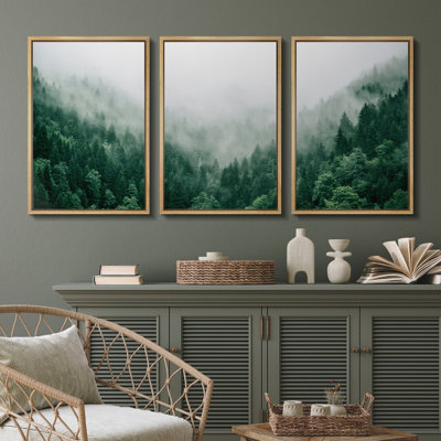 «Fog and Mist Mountain Forest Valley Nature Wilderness», reproduction sur toile 3 pièces