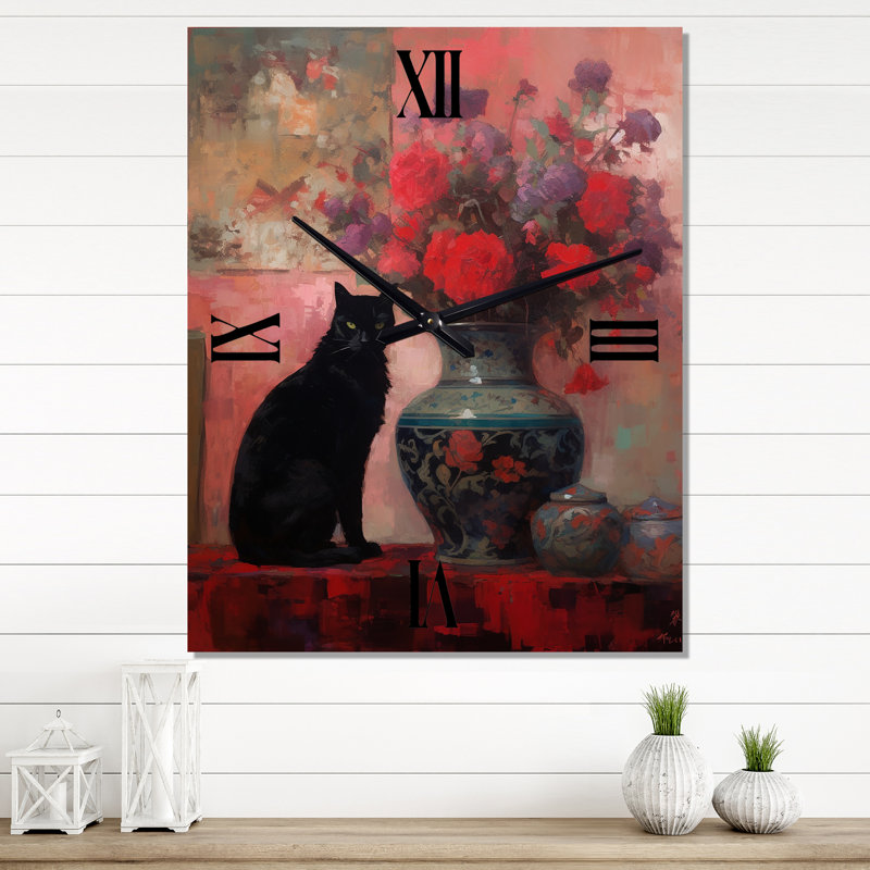 Peinture d'un chat noir avec fleurs rouges, Grand