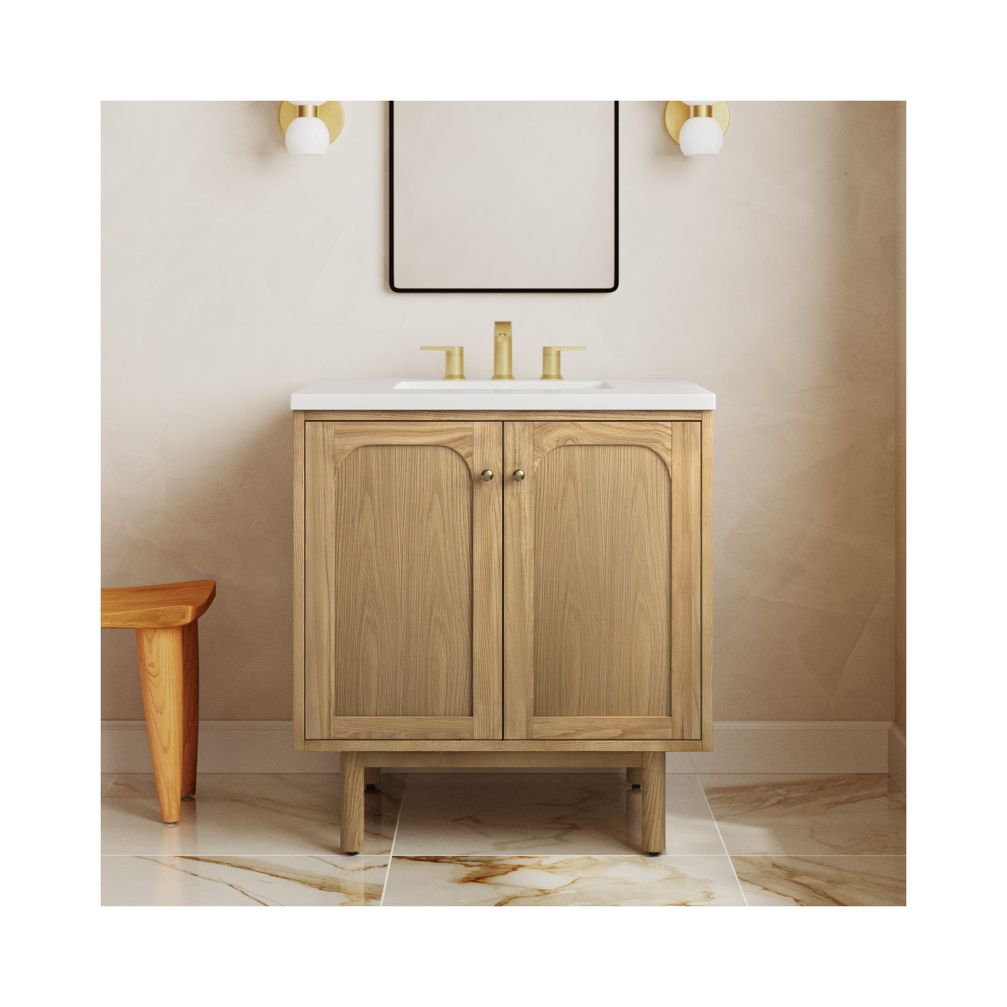 Laurent 30'' Single Bathroom Vanity, White Zeus, Light Natural Oak, 8" Widespread