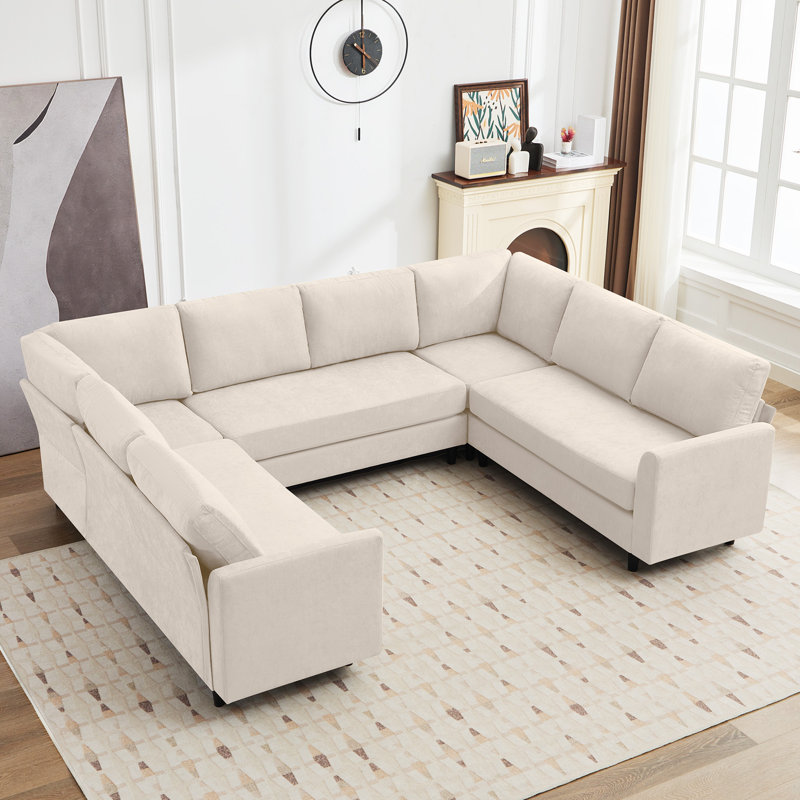 Canapé modulaire de 107,3 po avec accoudoirs et repose-pieds mobile Dorch, Tissu beige