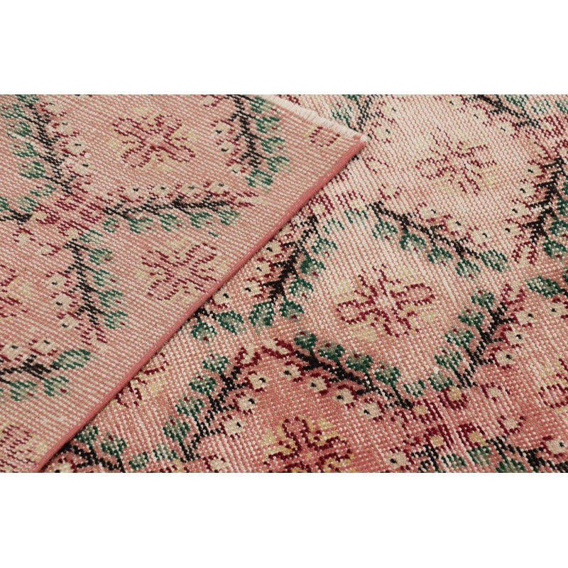 Vintage Distressed Rug, Pink And Green Geometric Floral Pattern - Rug & Kilim