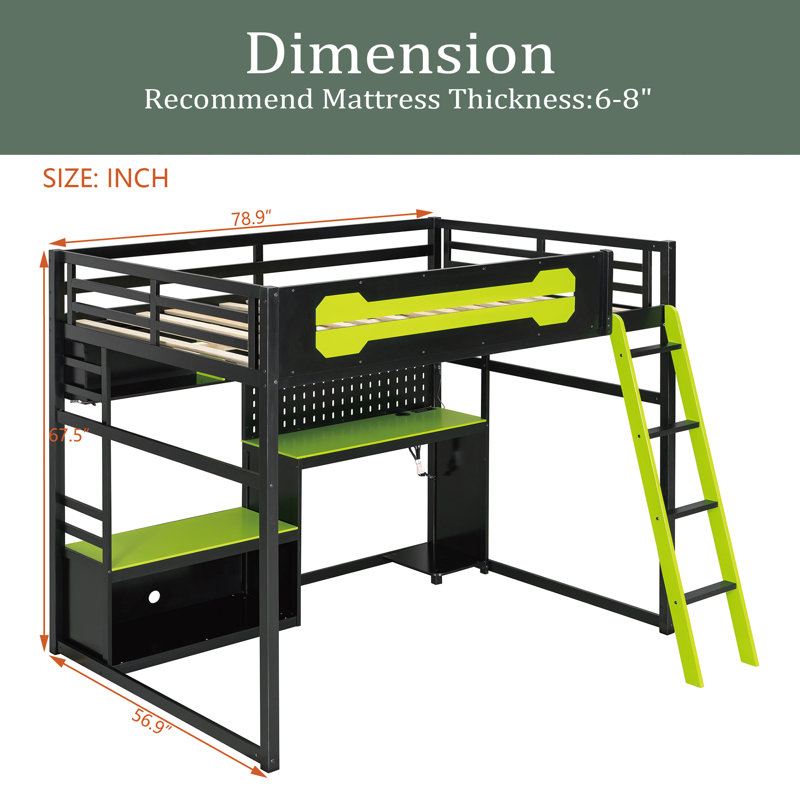 Lit mezzanine en bois pleine grandeur avec bureau, tablettes, lumières DEL, ports USB et panneau perforé, Vert
