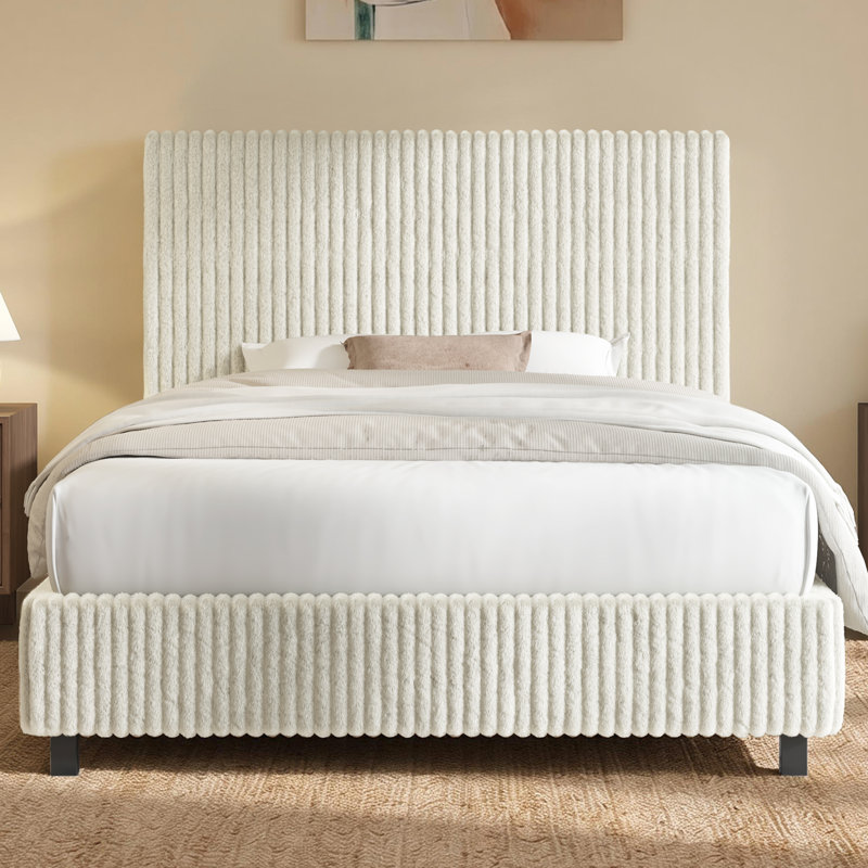 Queen Size Modern Upholstered Bed Frame with Vertical Corduroy Headboard,Cream, Cream, Queen