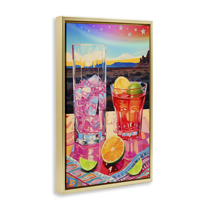 «Cocktail at Sunset View Floater» par Jess Stempel, H 31 po x l 21 po, Cadre flottant métallique doré