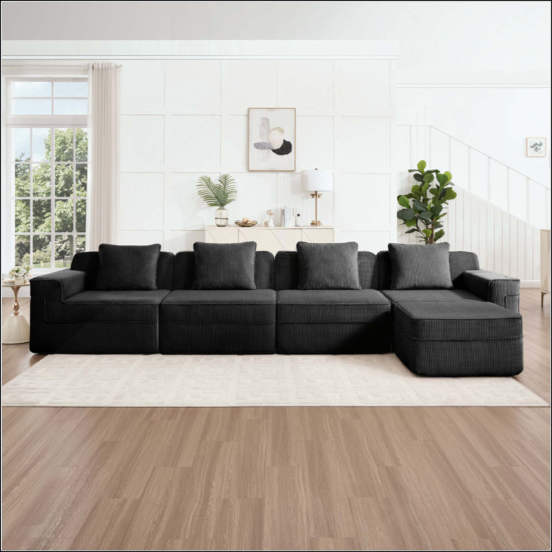 Canapé modulaire modulaire en L à 4 places sans os, canapé modulaire Cloud avec assise profonde, canapé modulaire moderne à 4 places avec coussins décoratifs et 1 repose-pieds mobile, tissu en velours côtelé