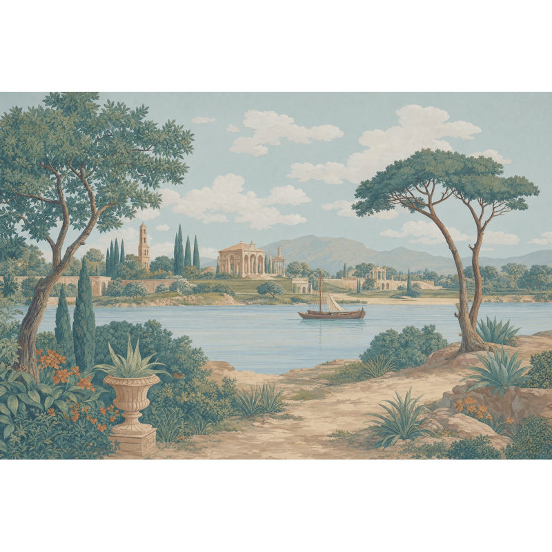 Papier peint mural vintage représentant un voilier au bord d'un lac, inspiré de l'architecture vintage., 160"x108"