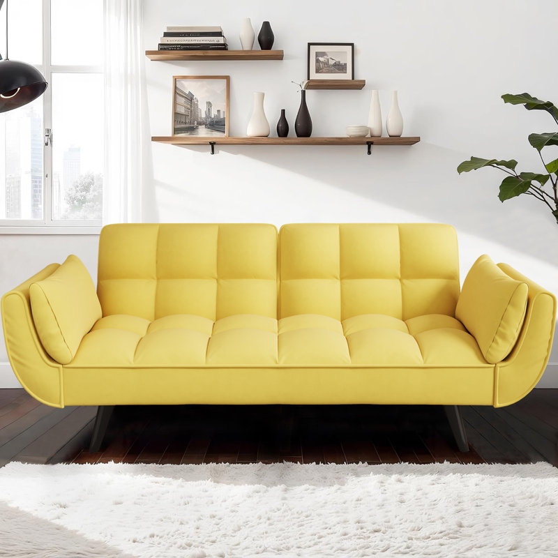 74 Inch Convertible Futon Sofa Bed - 2-Seat Modern Loveseat with Adjustable Backrest, Bright Upholstered Sleeper Sofa for Small Space Apartment, Yellow
