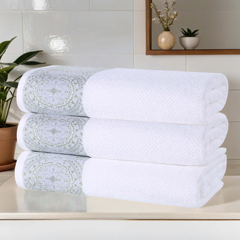 Serviettes de bain douces très absorbantes texturées 100% jacquard Idabel Medallion, Blanc argenté