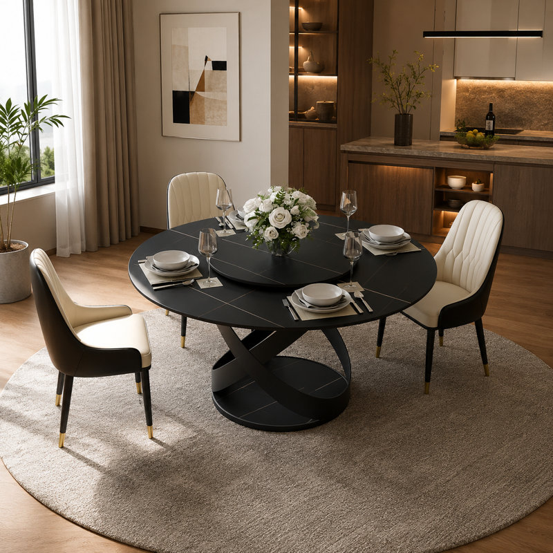 CVIS1276 5/7 Pieces Modern Round Dining Table Sets, Glossy Sintered Stone Dining Table With PU Upholstered Chairs, Pre-Assembly