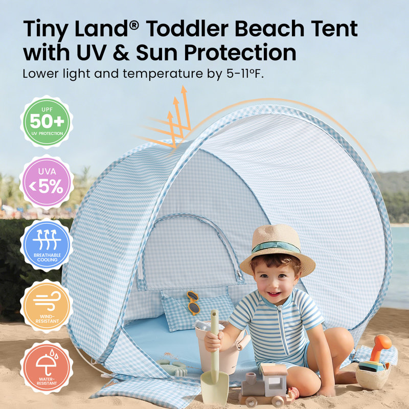Tiny Land One-Stop Beach Toy & Tent Set - Light Blue Gingham, Blue