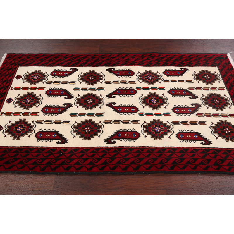 Tapis unique en laine noué à la main ivoire nouvel âge Balouch 3 pi 5 po x 6 pi 2 po