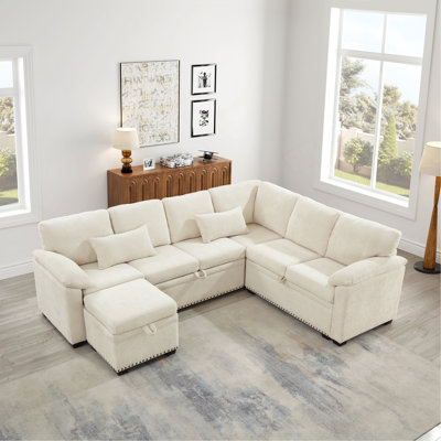 Canapé d'angle modulaire en L 97 po avec siège et repose-pieds de rangement en L 97 po, canapé d'angle en tissu de chenille avec 7 sièges et 2 coussins pour le salon, beige