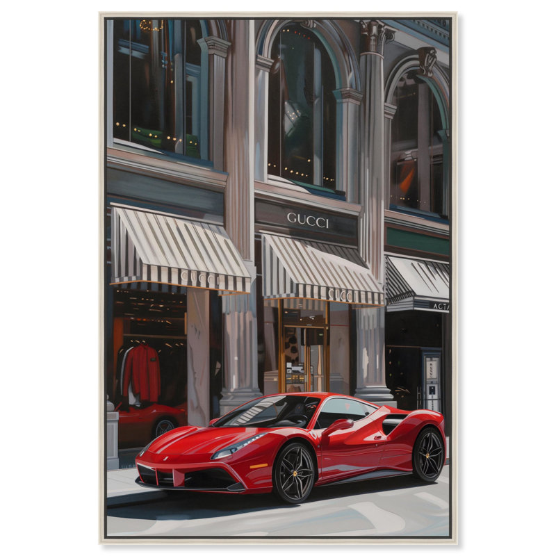 Red Car Parked Out , Cadre flottant argent, H 37 po x l 25 po
