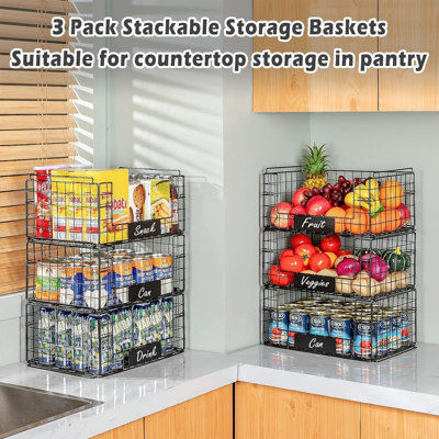 3 Pack Xxl Stackable Wire Baskets With Handles For Pantry Storage And Organization, Fruit And Vegetable Basket With Name Plates, Metal Storage Bins For Snack Can Fruit Veggies