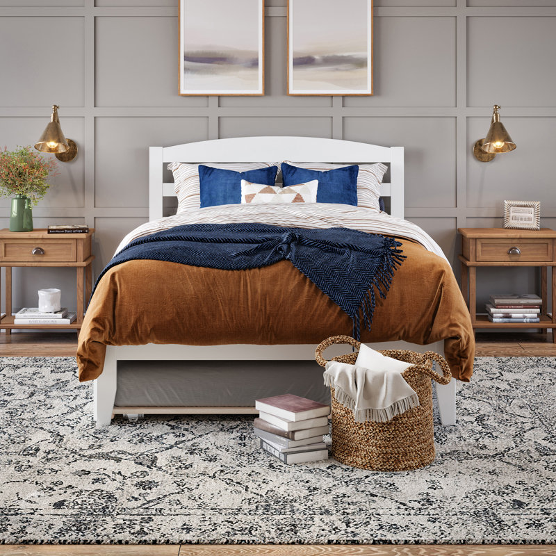 Lit plateforme en bois massif avec lit gigogne Elliana, Blanc, Double