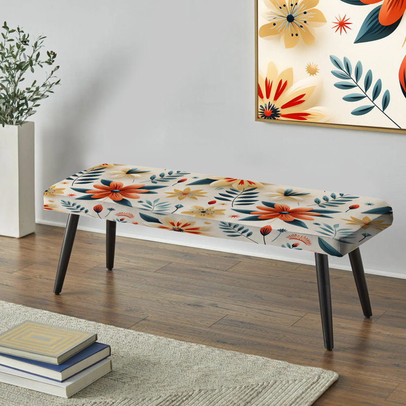 Banc rembourré éclectique noir, Fleurs éclectiques vertes et orange rétro