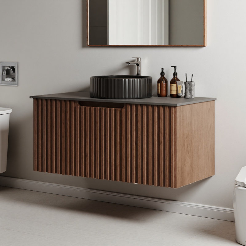 Armoire de salle de bain 48 po noire et brune avec deux tiroirs et porte grillagée, armoire en bois massif multicouche, cuve en céramique