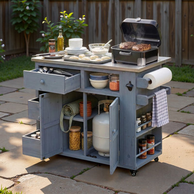 Îlot de cuisine extérieur avec plateau en acier inoxydable, support à épices latéral, tiroirs, support à papier, porte-serviettes et tablette ouverte