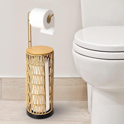 Porte-papier hygiénique sur pied avec rangement, support en rotin tressé à la main