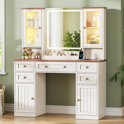 43.3'' White Vanity Desk with 20.5'' Mirror and Lights Dressing Table for Bedroom Solid Wood Modern Farmhouse