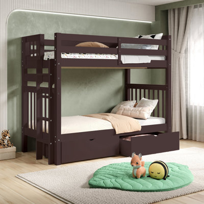 Treva Tall Solid Wood Standard Bunk Beds Twin over Twin, 4 Step Ladder, 2 Under-Bed Drawers, Dark Cherry