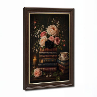 Roses et roses noires sur des livres rétro avec thé, art mural d'Halloween