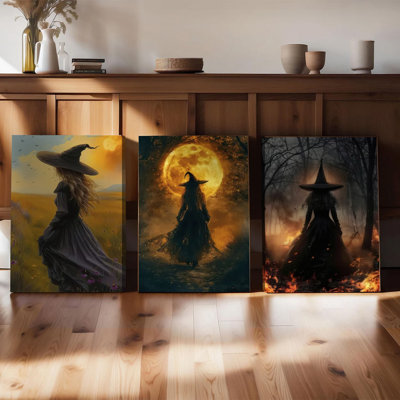 Ensemble de 3 affiches murales encadrées, toiles décoratives sur le thème des sorcières, impressions mystiques d'Halloween avec pleine lune, forêt enchantée et coucher de soleil, décoration gothique fantastique pour salon, chambre ou bureau.