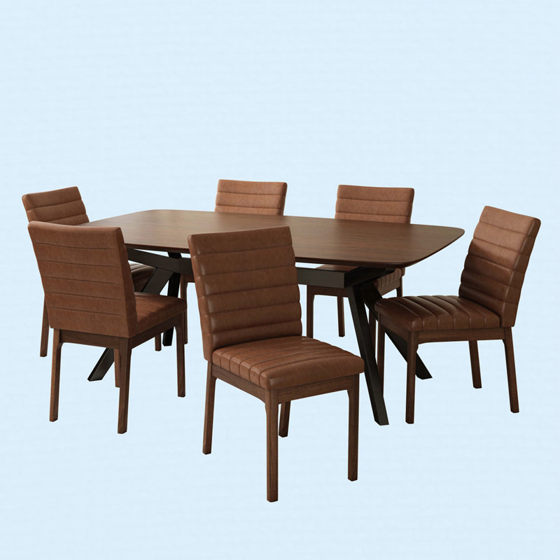 Ensemble de salle à manger rembourré 5 pièces avec structure en bois d'hévéa, 7 pièces : table, 6 chaises
