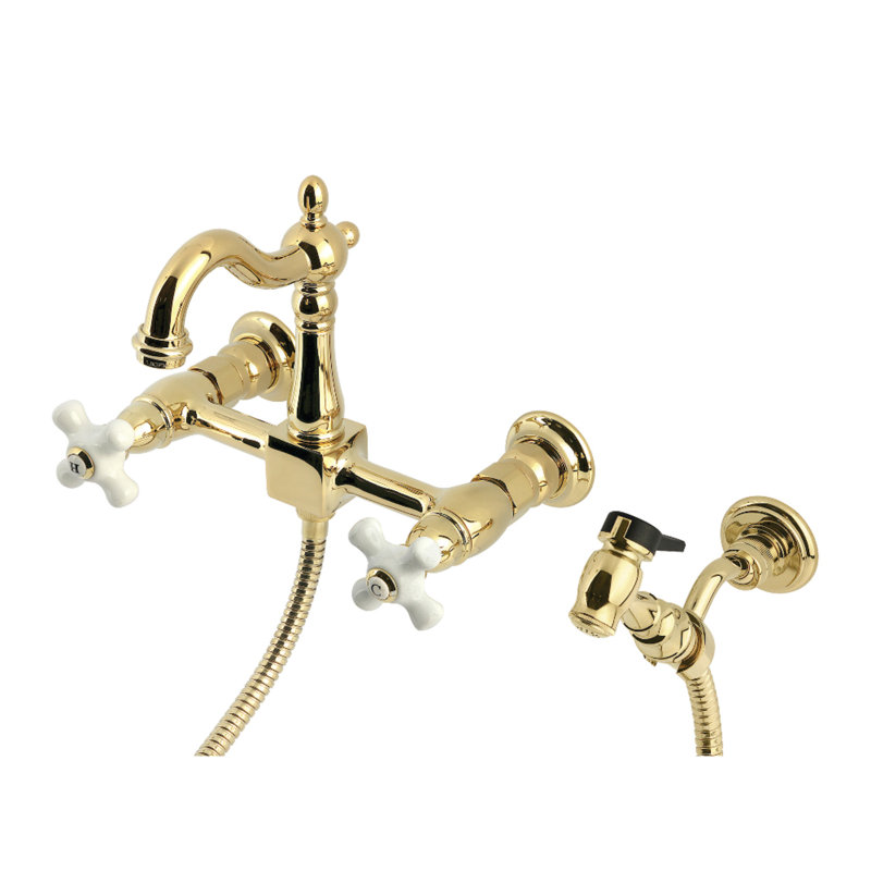 Kingston Brass Heritage Double-Handle 3-Hole Wall-Mount Bridge Kitchen Faucet with Brass Sprayer, Polished Chrome