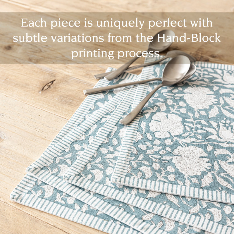 Blue Floral Hand-Blocked Cotton Placemats Set of 4