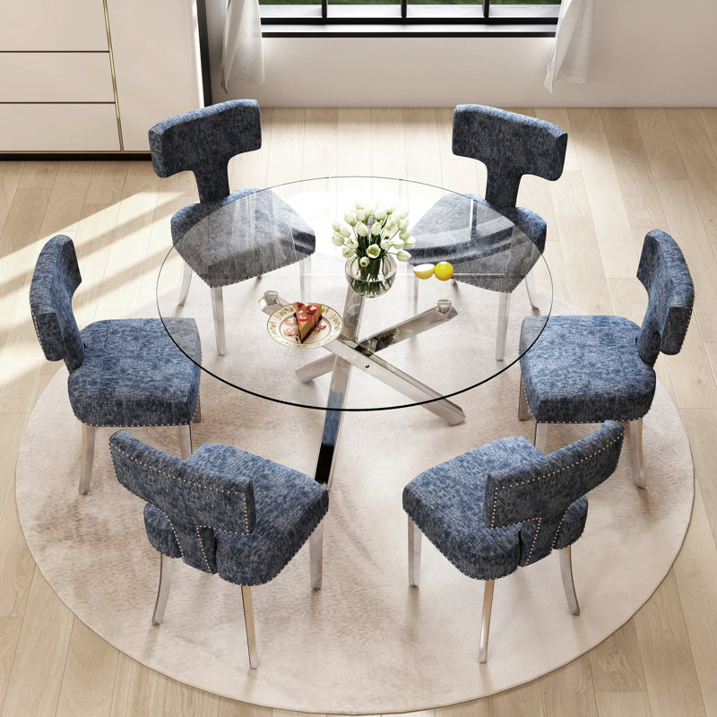 Modern Clear Round Pedestal Dining Set with Chenille Dininig Chair, Silver, Blue