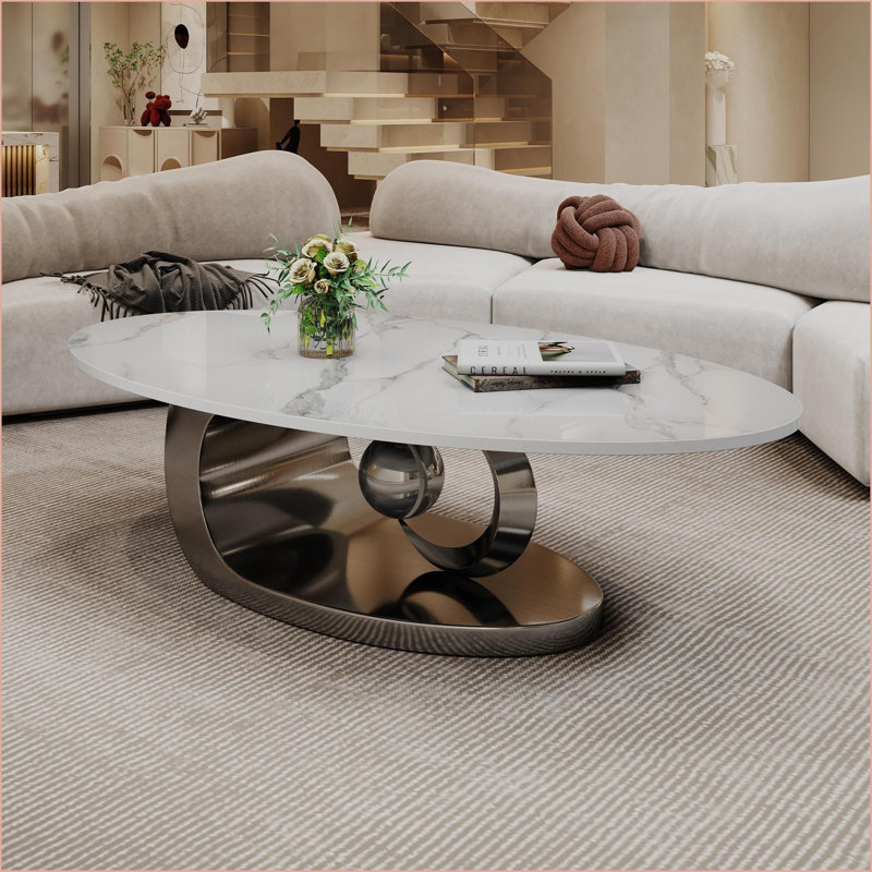 Table basse moderne en faux marbre blanc avec base sculpturale en acier inoxydable Modern Easy Stable