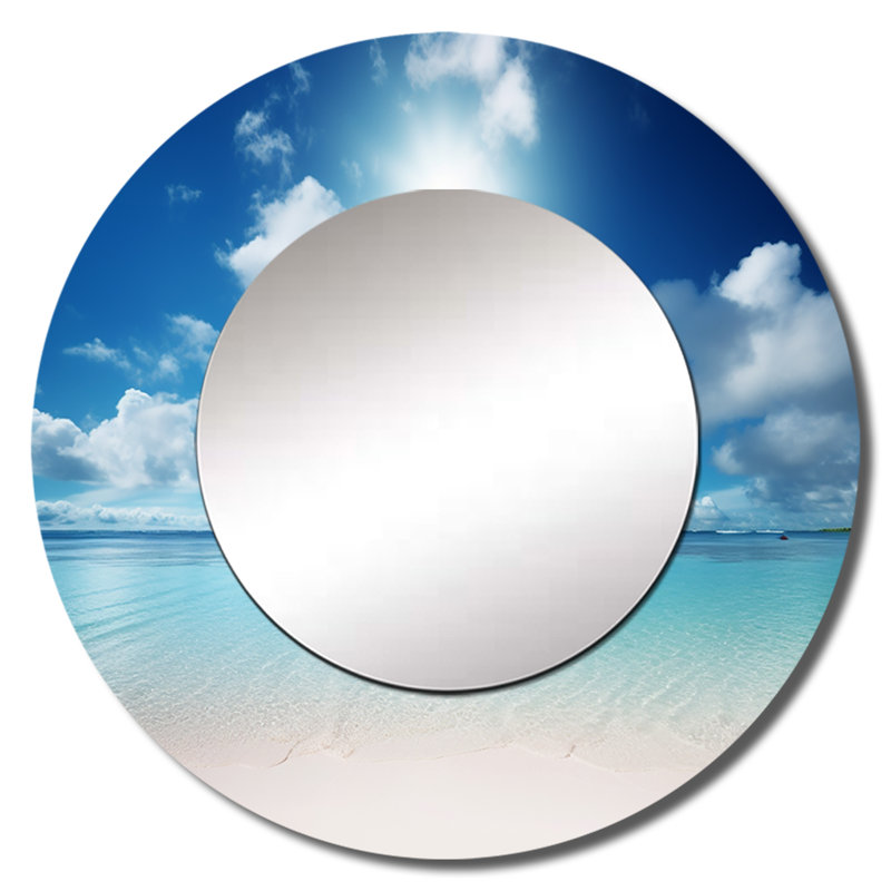 Sable et bleu mer des Caraïbes II - miroir mural plage, miroir décoratif rond bleu, impression d'art en métal, 29 po x 29 po