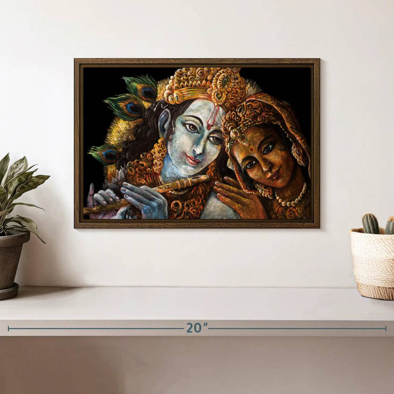Magnifique Radha Krishna, 13 po x 9 po, Cadre flottant noyer